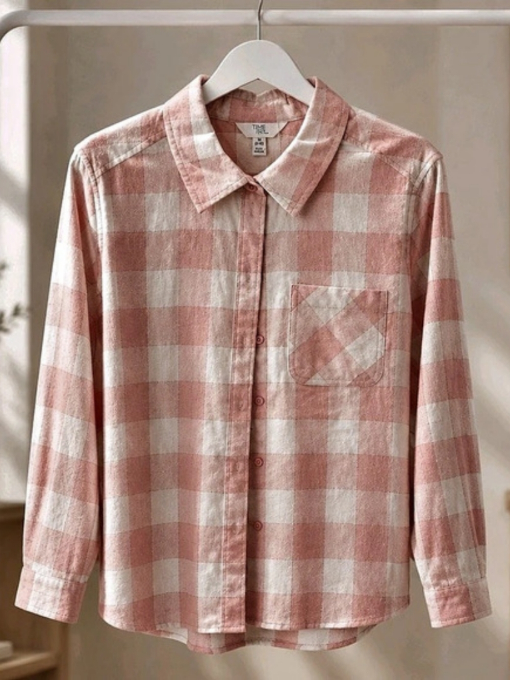 Time and Tru Long Sleeve Flannel Button Down Shirt Pink & White